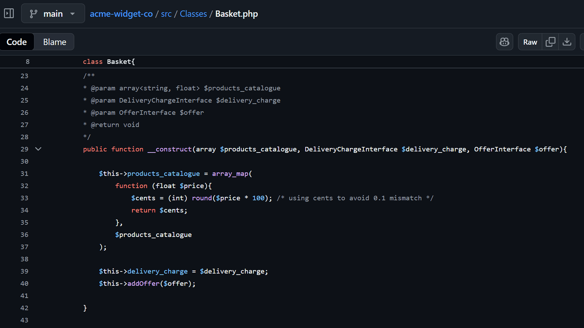 Screenshot of PHP shopping basket application demonstrating gold standard architecture