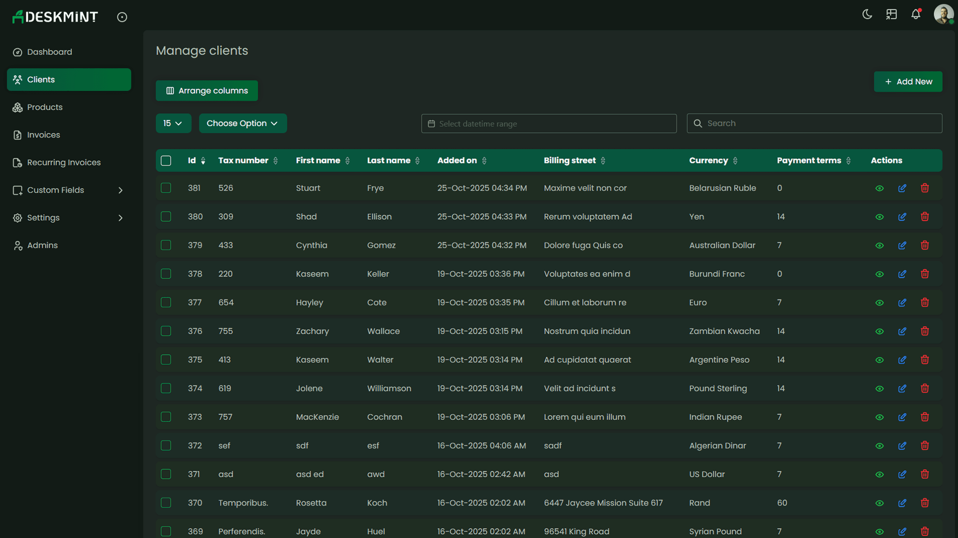 DeskMint dashboard showing view of clients