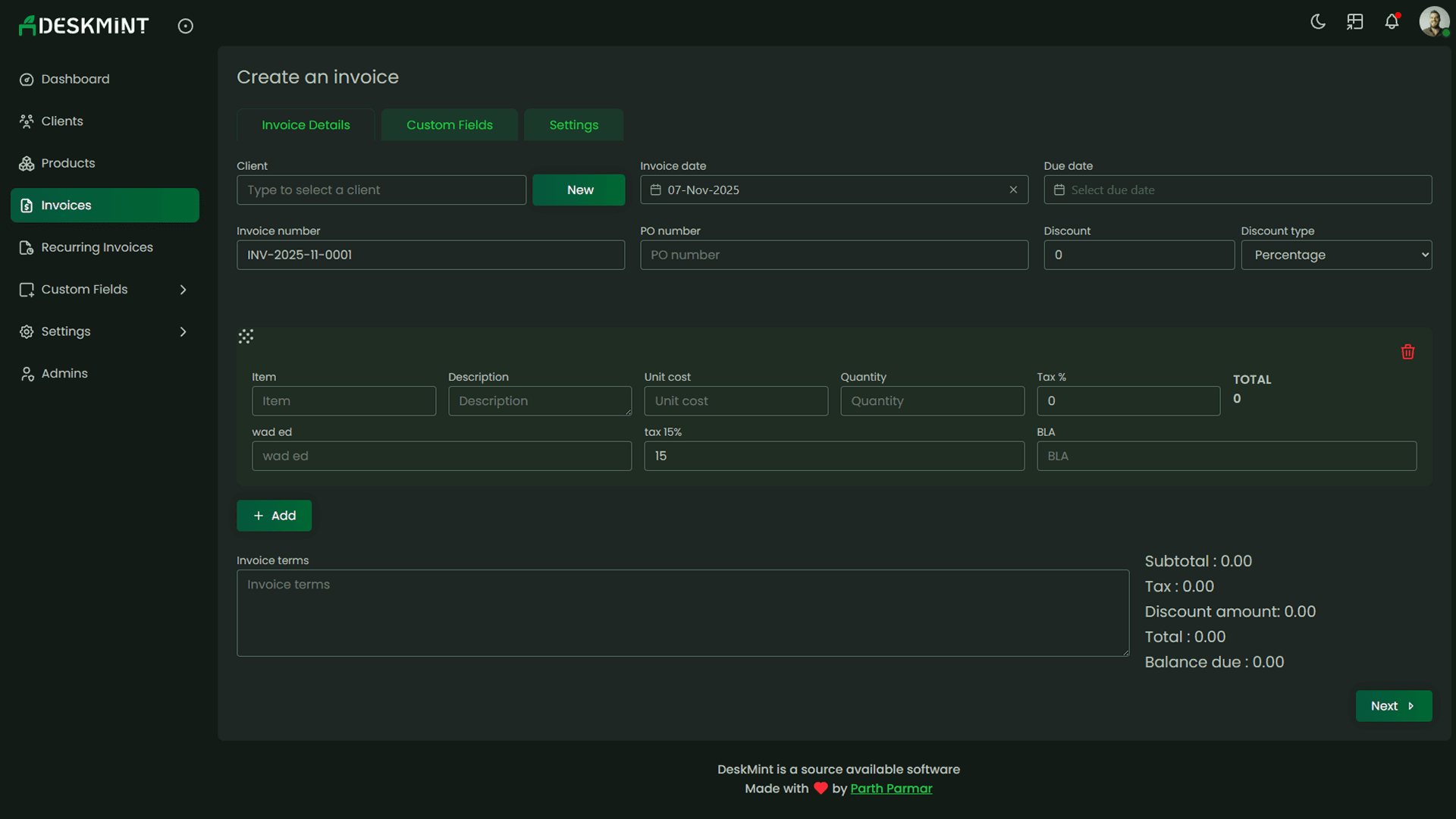 Deskmint invoice creation functionality