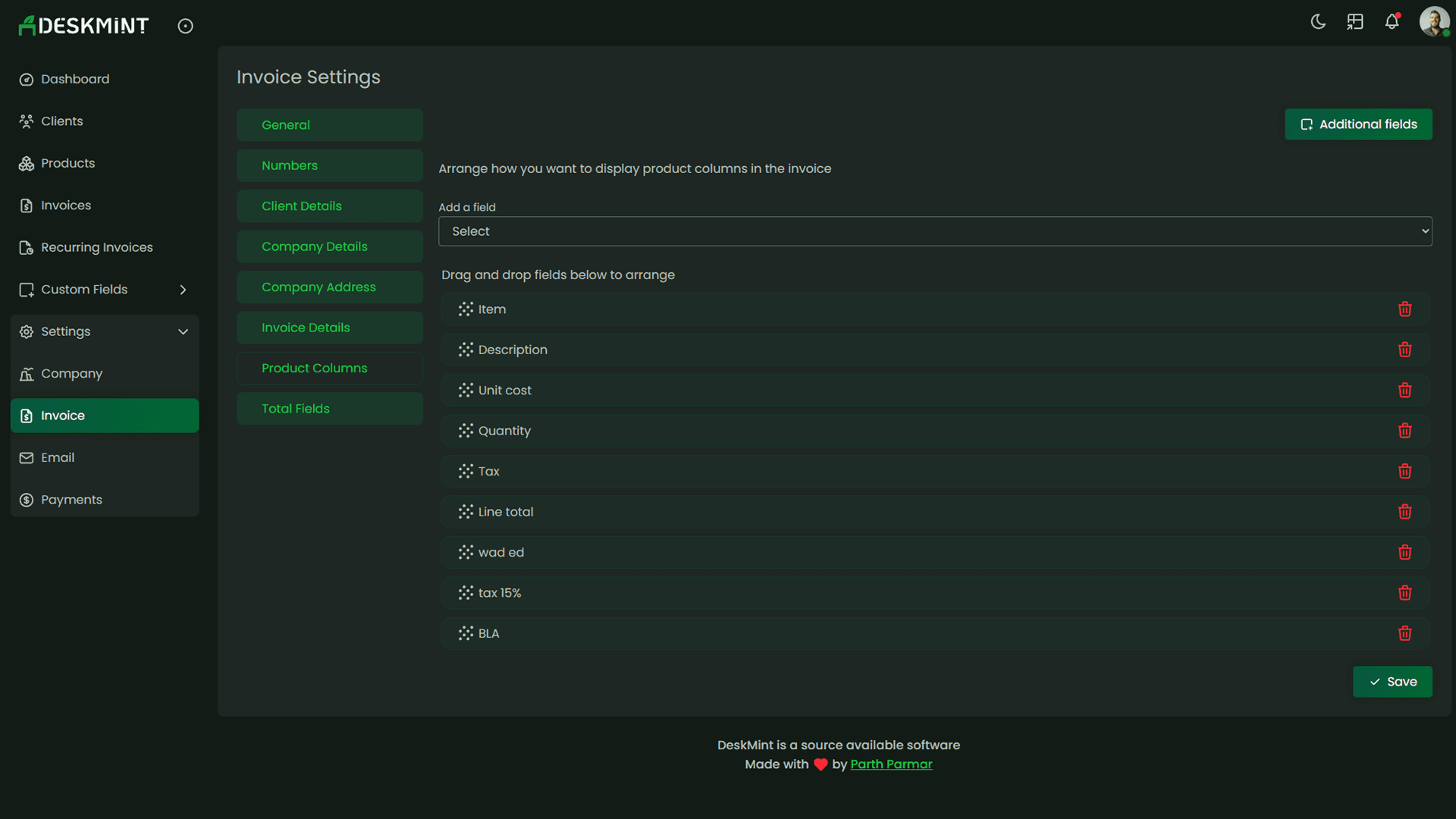 Deskmint various settings