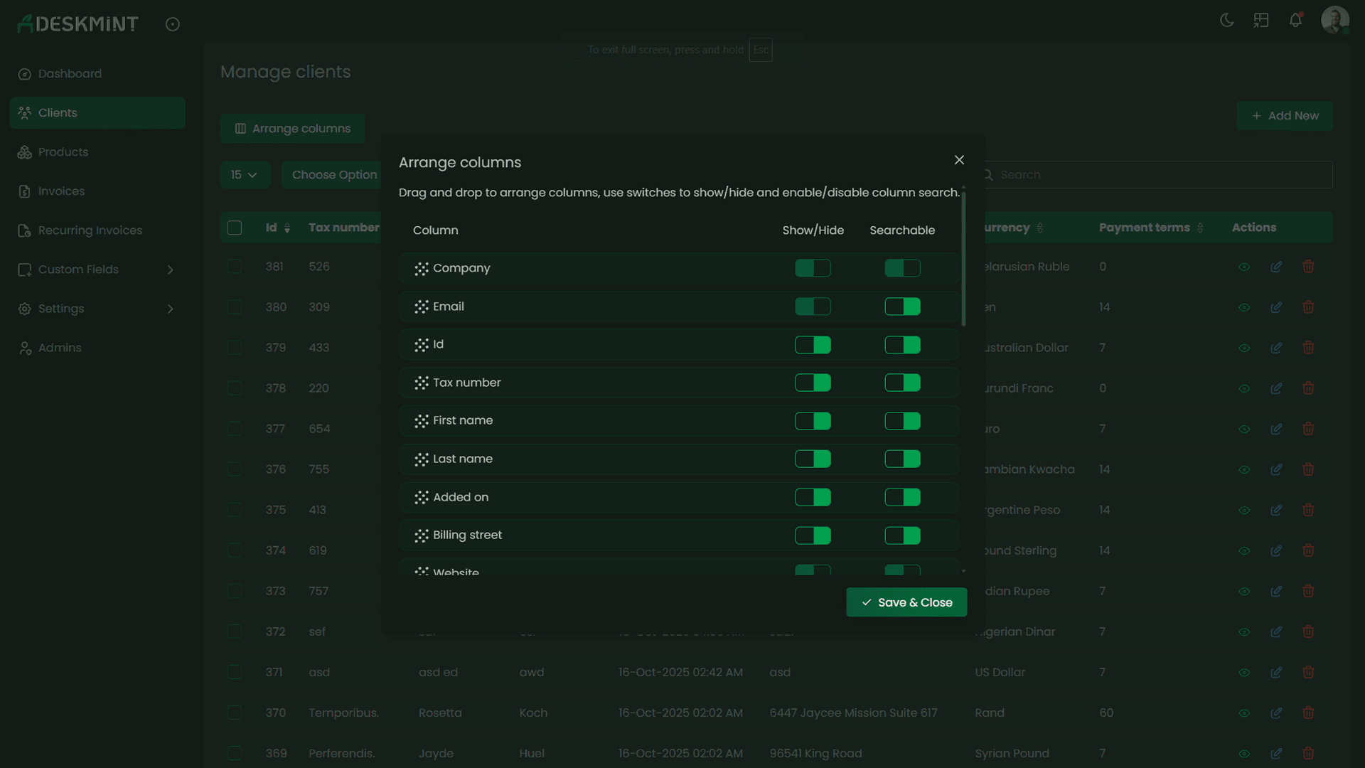 Deskmint dashboard showing custom fields arrangement allowing users to manage searchables and sorting of fields