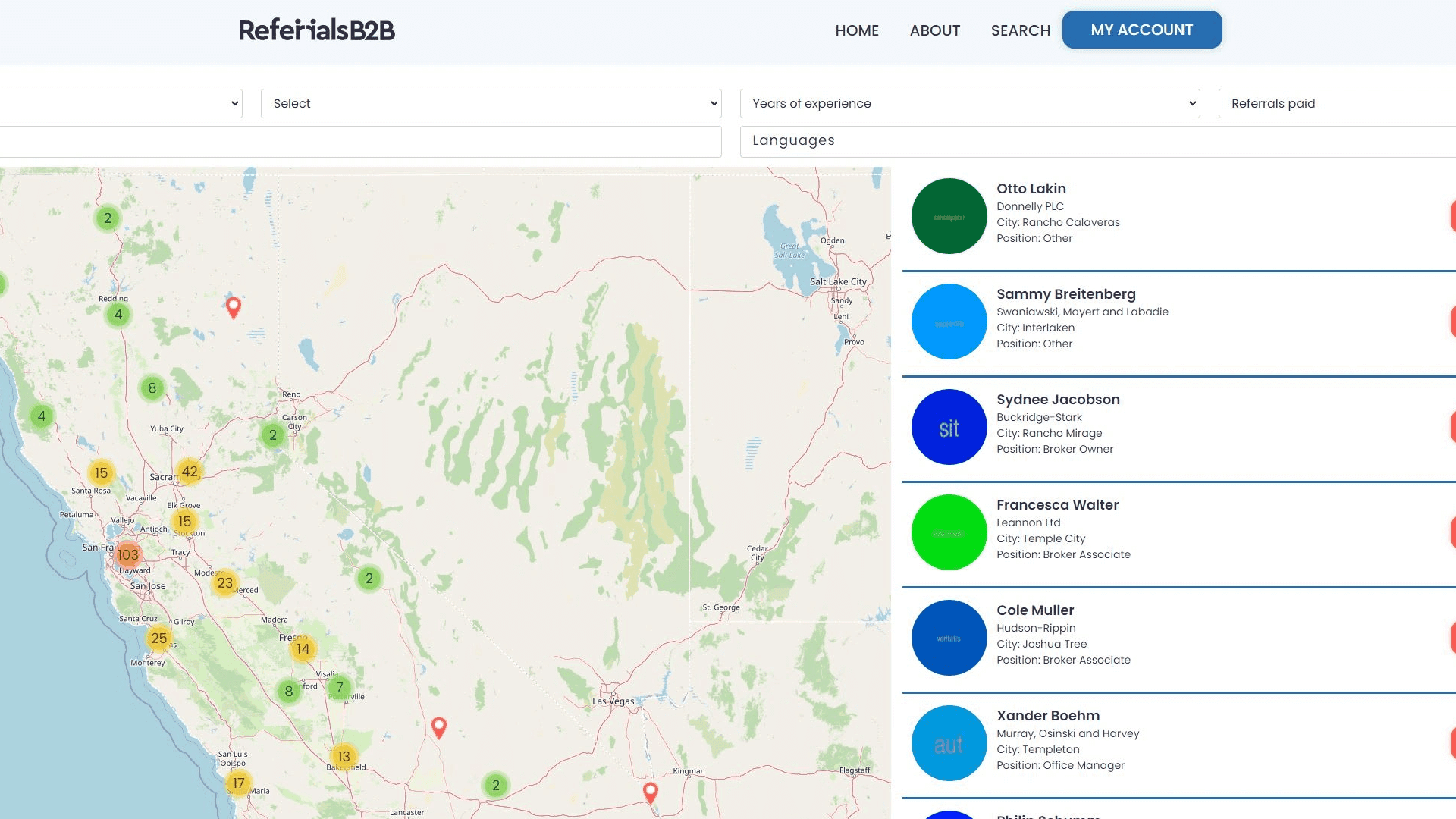 ReferralsB2B interactive map showing real estate agents and search functionality